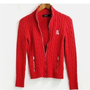 Lauren Ralph Lauren Logo Red Cable
Knit Zip Up Cardigan Sweater Womens